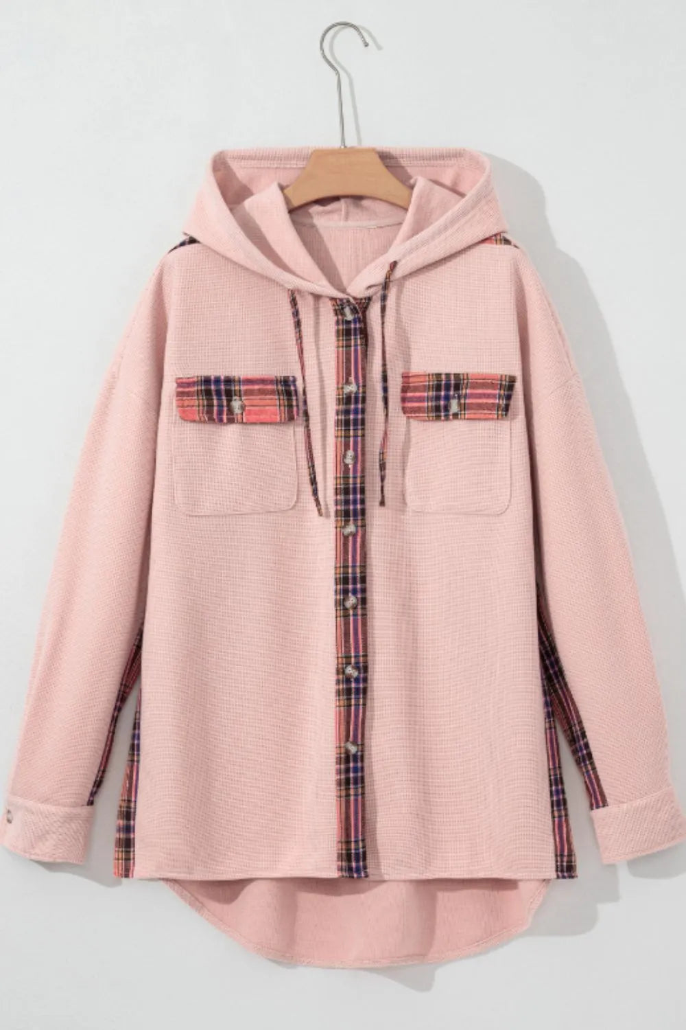 Waffle Knit Plaid Patchwork Drawstring Hooded Shacket in - photo