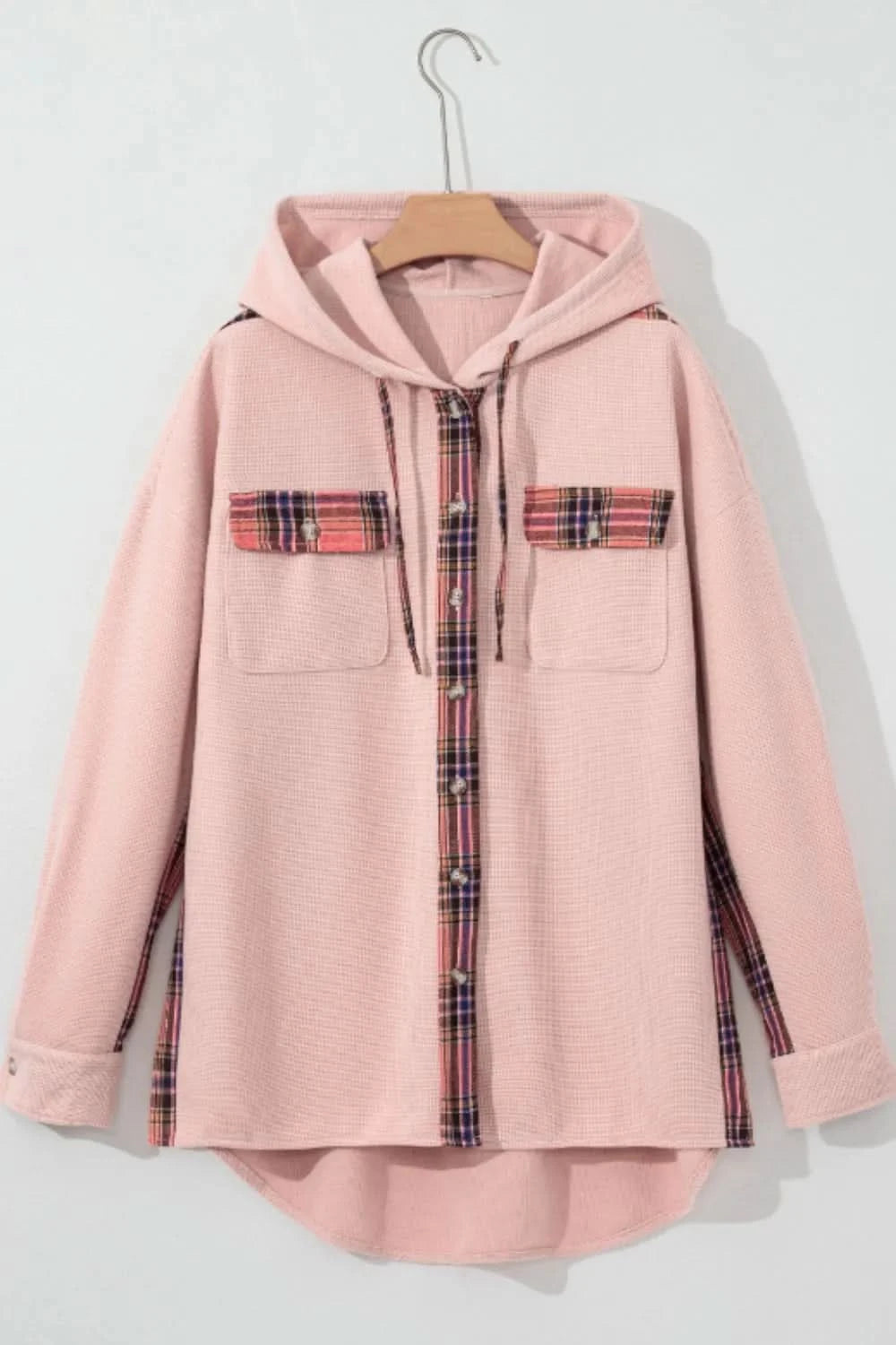 Waffle Knit Plaid Patchwork Drawstring Hooded Shacket in - photo
