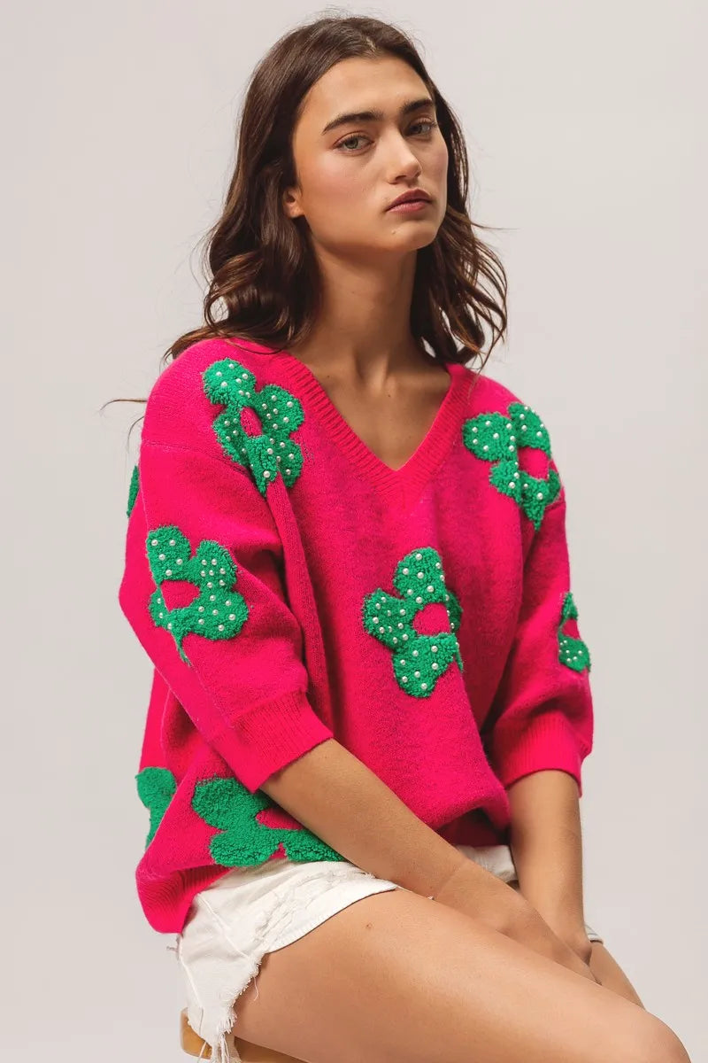 BiBi Pearl Beads Flowers Sweater Top in FUCHSIA JADE - photo