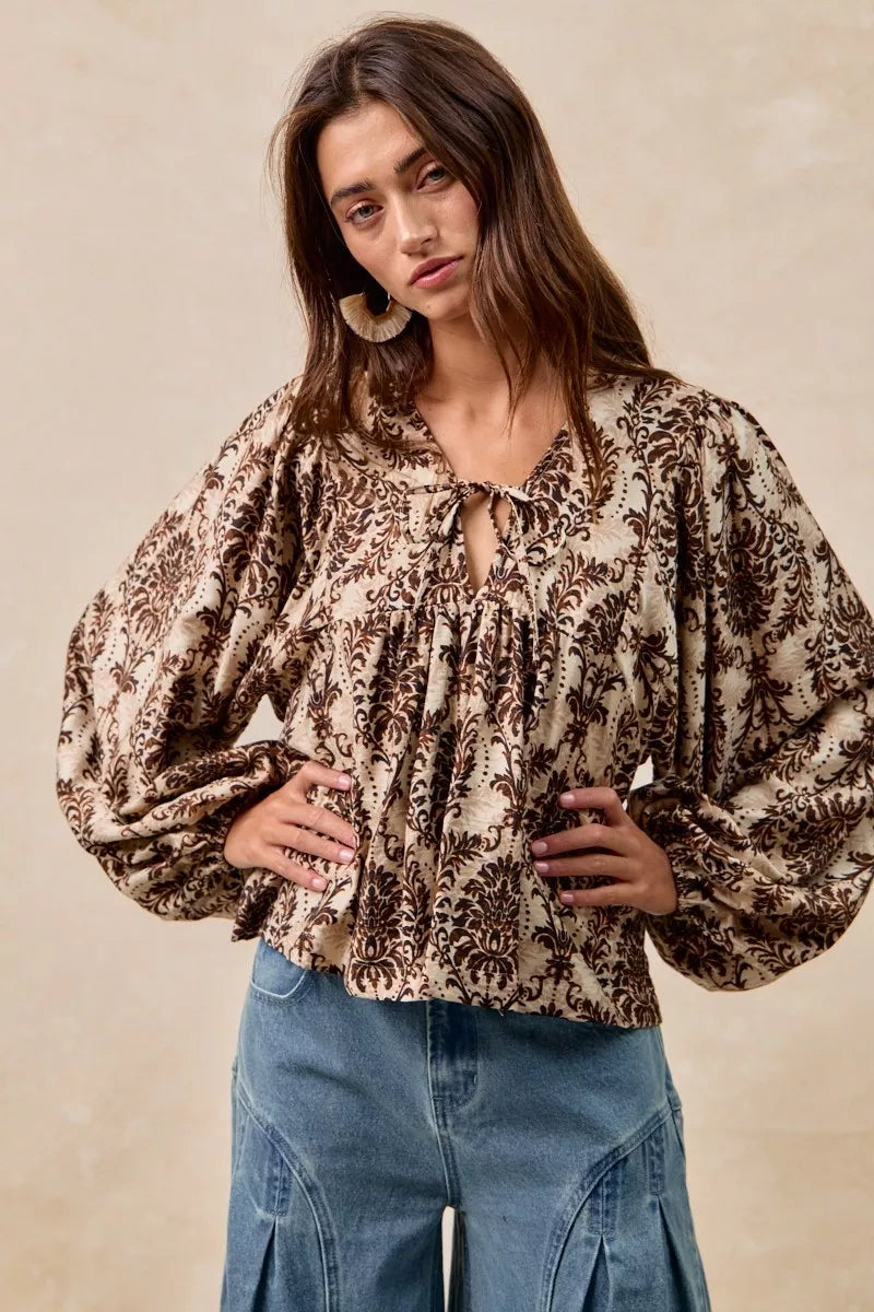 BiBi Printed Woven Front Tied Blouse with Baloon Sleeve in - photo