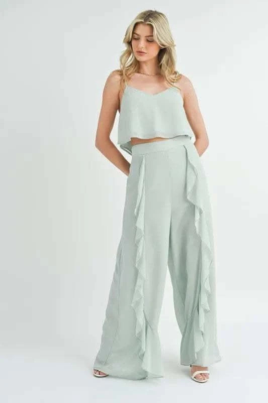 MABLE Crop Cami and Ruffled Wide Leg Pants Set in Lt Mint - photo