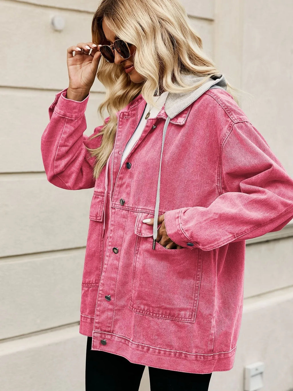 Oversized Button Up Denim Jacket with Hood in - photo