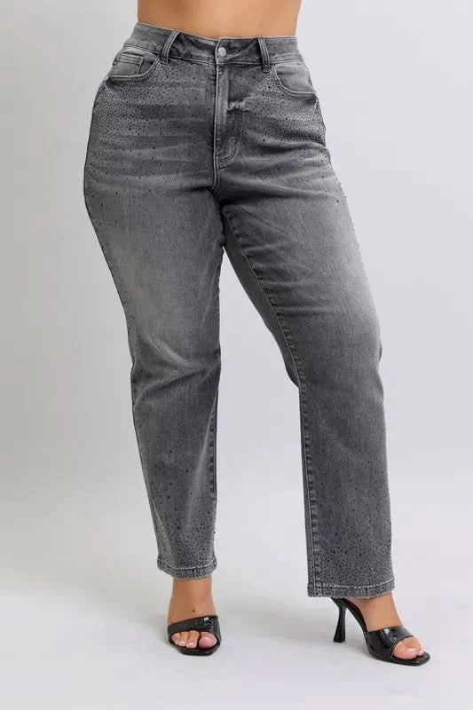 Judy Blue Full Size High Waist Rhinestone Straight Jeans Plus Size in - photo