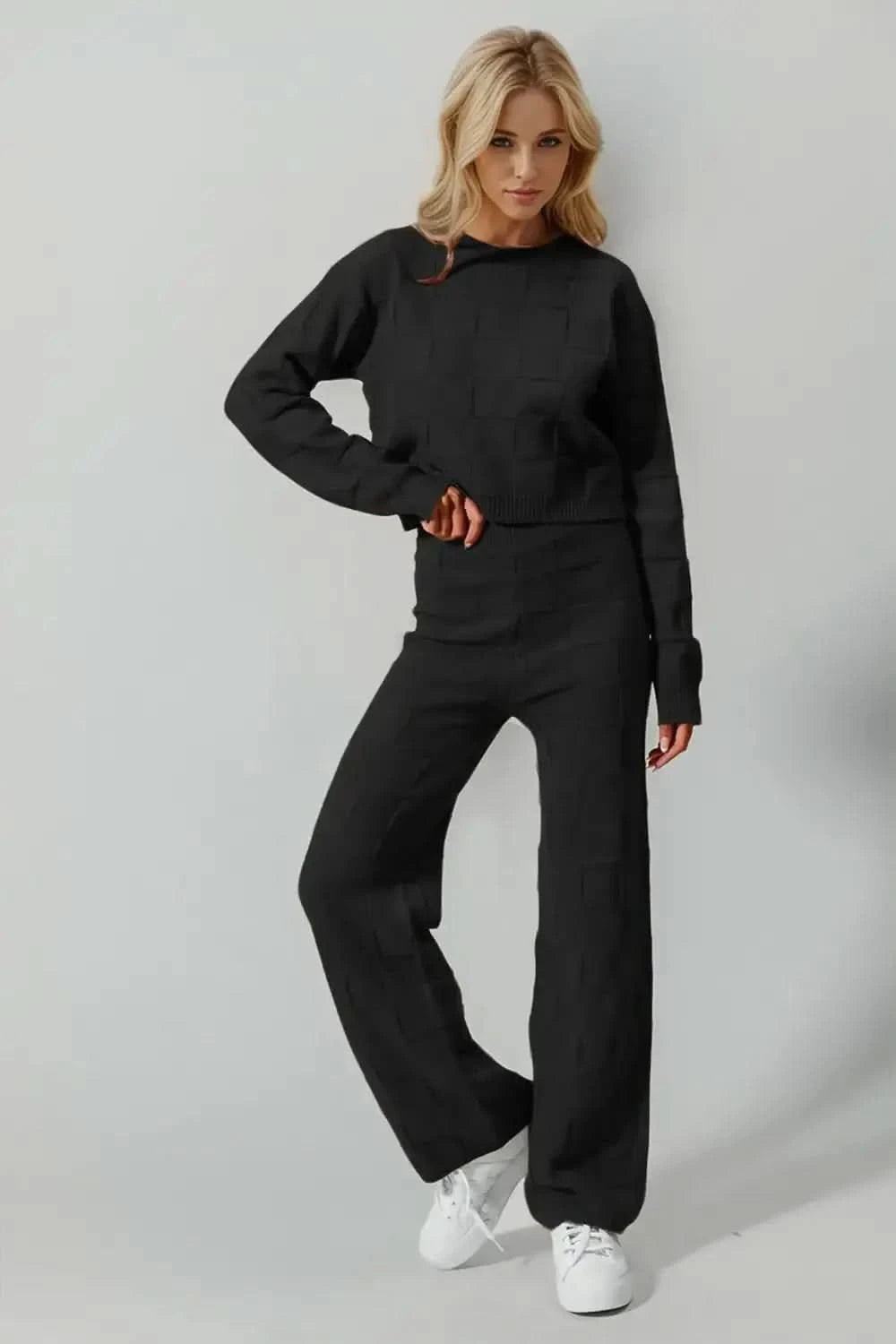 Double Take Full Size Checkered Round Neck Top and Pants Set in Black - photo