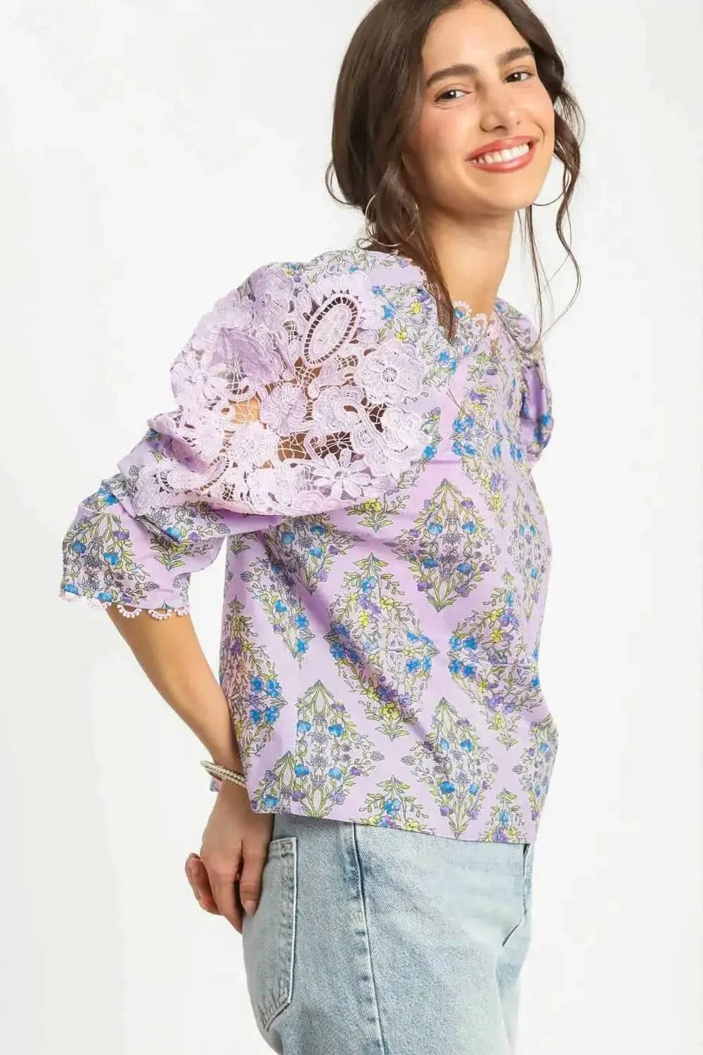 Umgee Printed Lace Puff Sleeve Blouse - SwagglyLife Home & Fashion