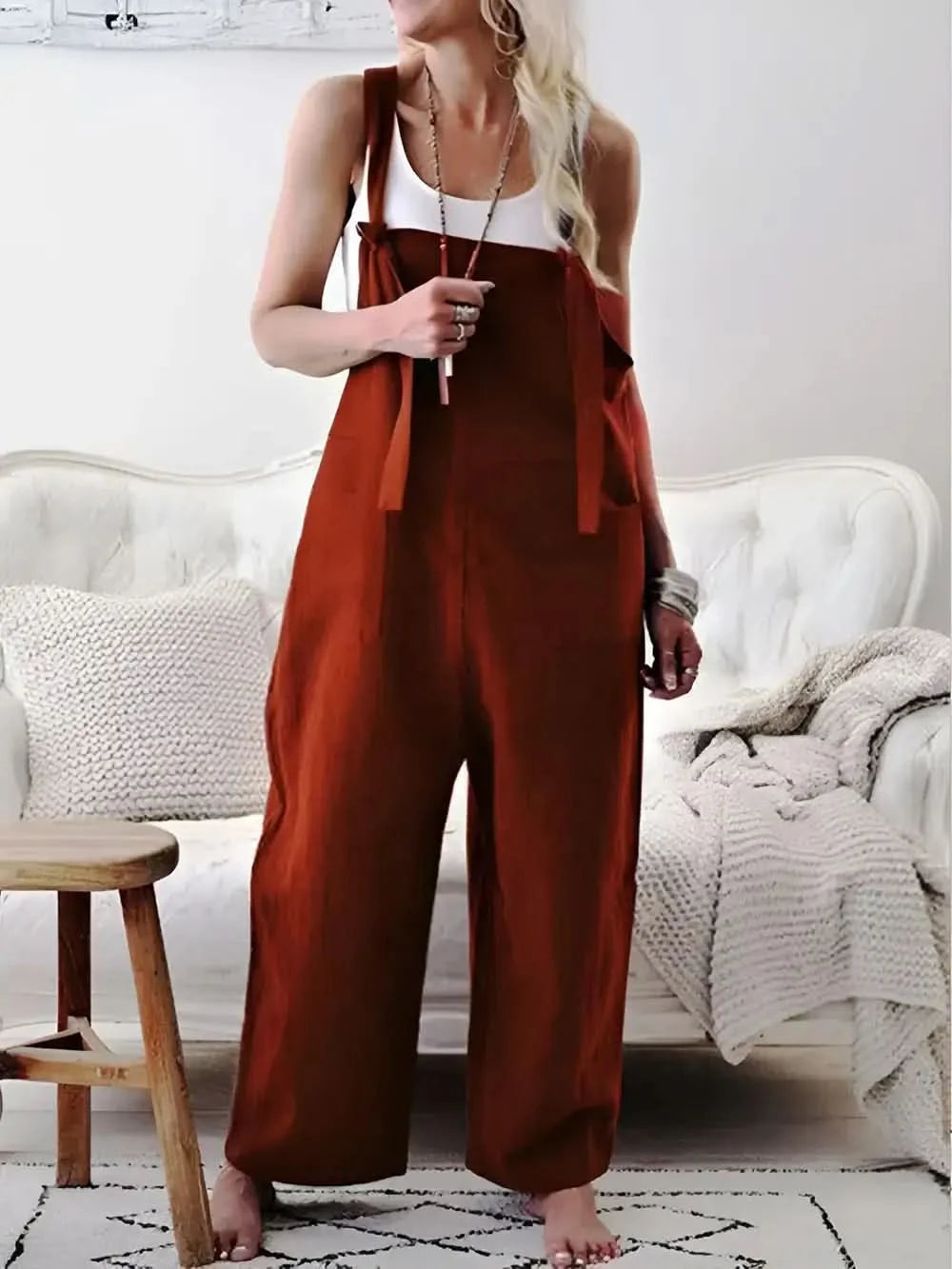 Pocketed Wide Strap Overalls in Burgundy - photo