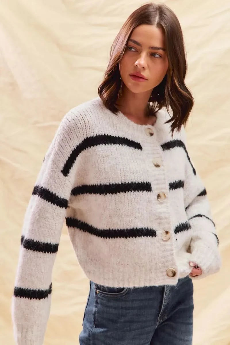 SO ME Stripe Soft Touch Button Cozy Sweater Cardigan in - photo