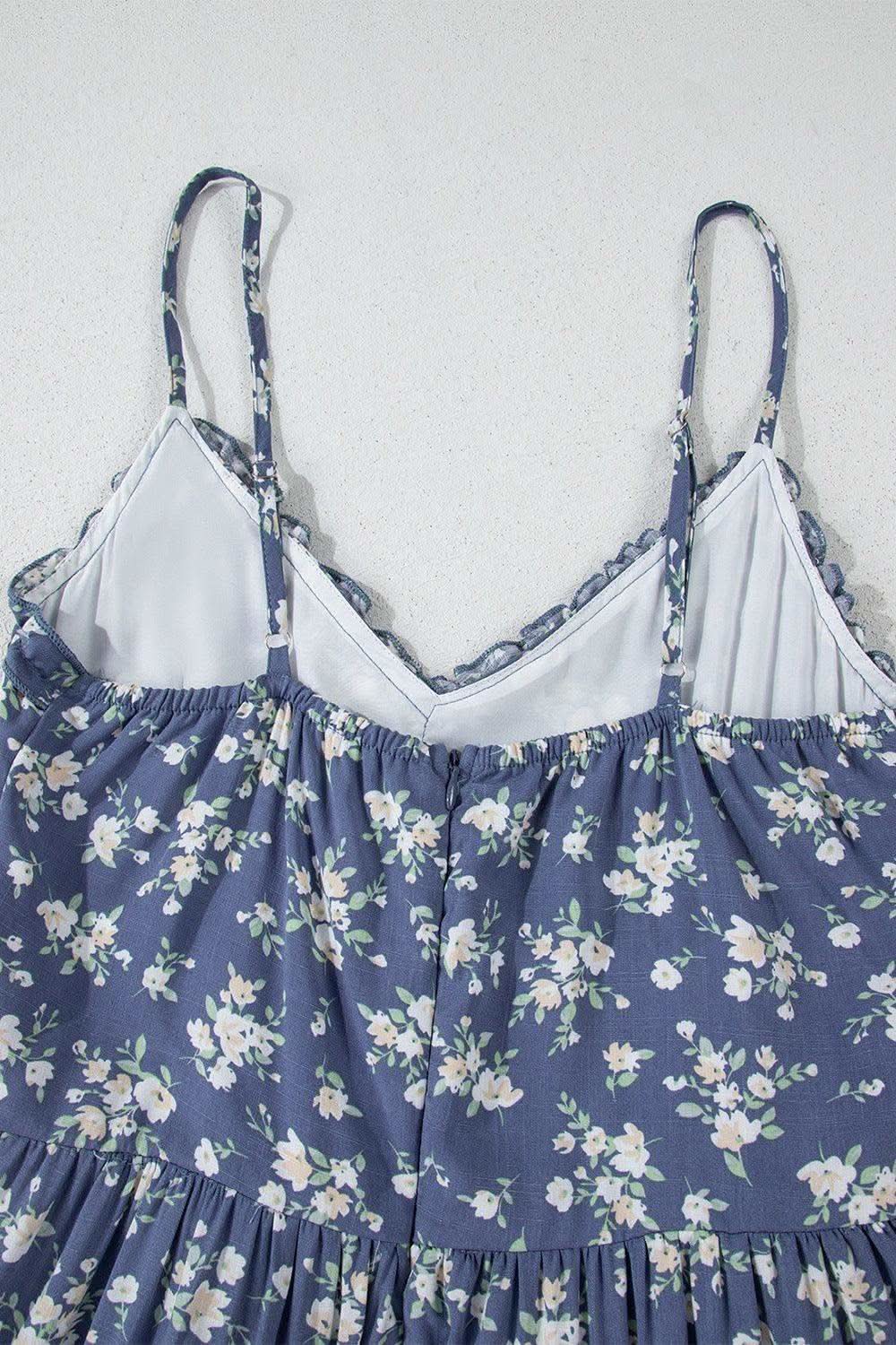 Floral Spaghetti Strap Frilled V Neck Tiered Midi Dress in - photo