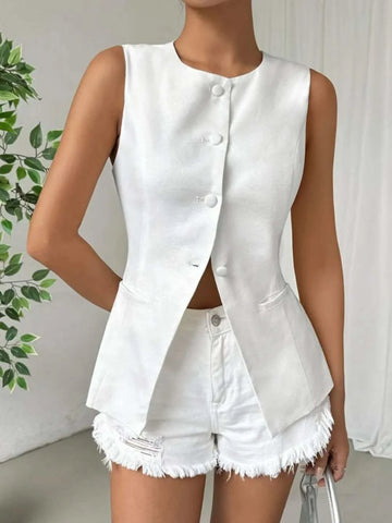 Button Down Round Neck Vest - SwagglyLife Home & Fashion Button Down Round Neck Vest - SwagglyLife Home & Fashion