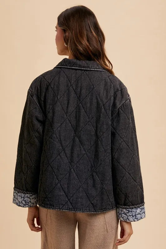 Annie Wear Quilted Printed Lining Snap Down Denim Jacket in - photo