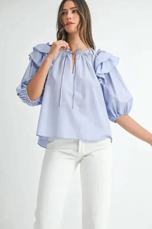 MABLE Stripe Ruffle Shoulder Puff Sleeve Blouse - SwagglyLife Home & Fashion