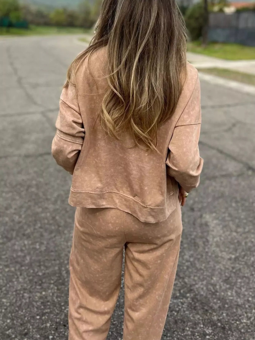 Full Size Washed Round Neck Top and Drawstring Pants Set Plus Size in - photo