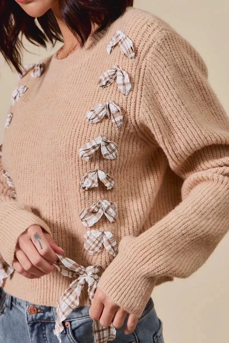 SO ME Checkered Plaid Tape Lace Up Ribbed Sweater in - photo