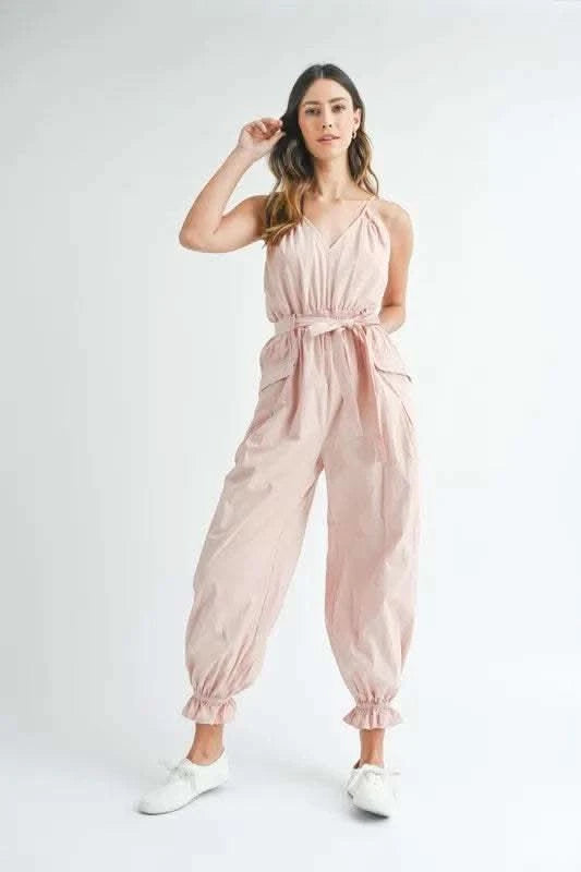 MABLE Washed Fabric Spaghetti Strap Waist Belted Jumpsuit - SwagglyLife Home & Fashion MABLE Washed Fabric Spaghetti Strap Waist Belted Jumpsuit - SwagglyLife Home & Fashion