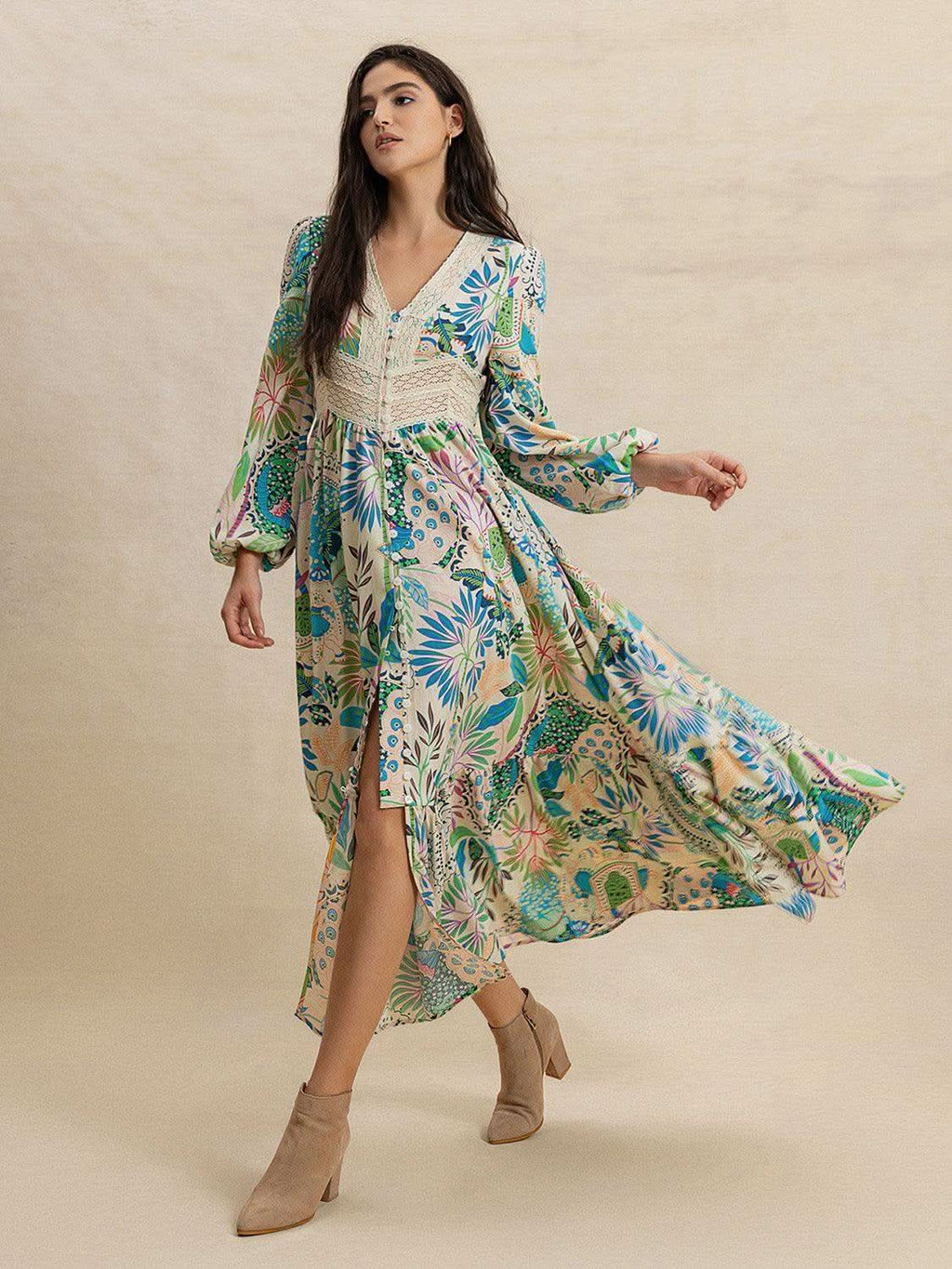 Slit Printed V-Neck Long Sleeve Midi Dress in Multicolor - Dresses photo