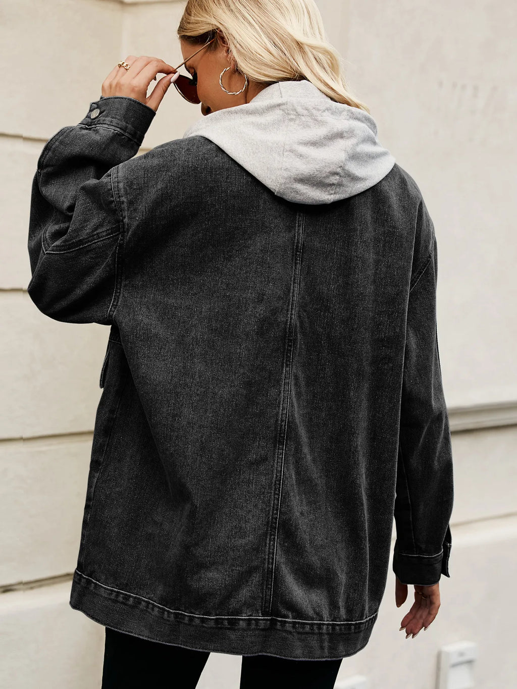 Oversized Button Up Denim Jacket with Hood in - photo