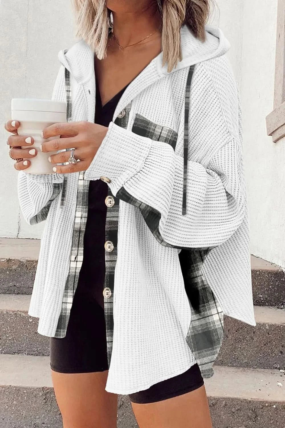 Waffle Knit Plaid Patchwork Drawstring Hooded Shacket in White - photo