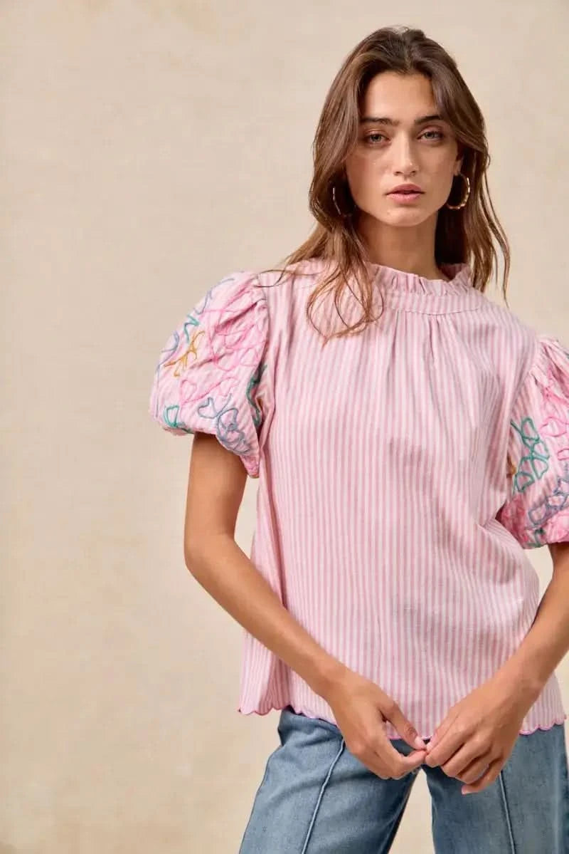 BiBi Embroidery Bubble Sleeve Top With Bottom Scallop Detail in - photo