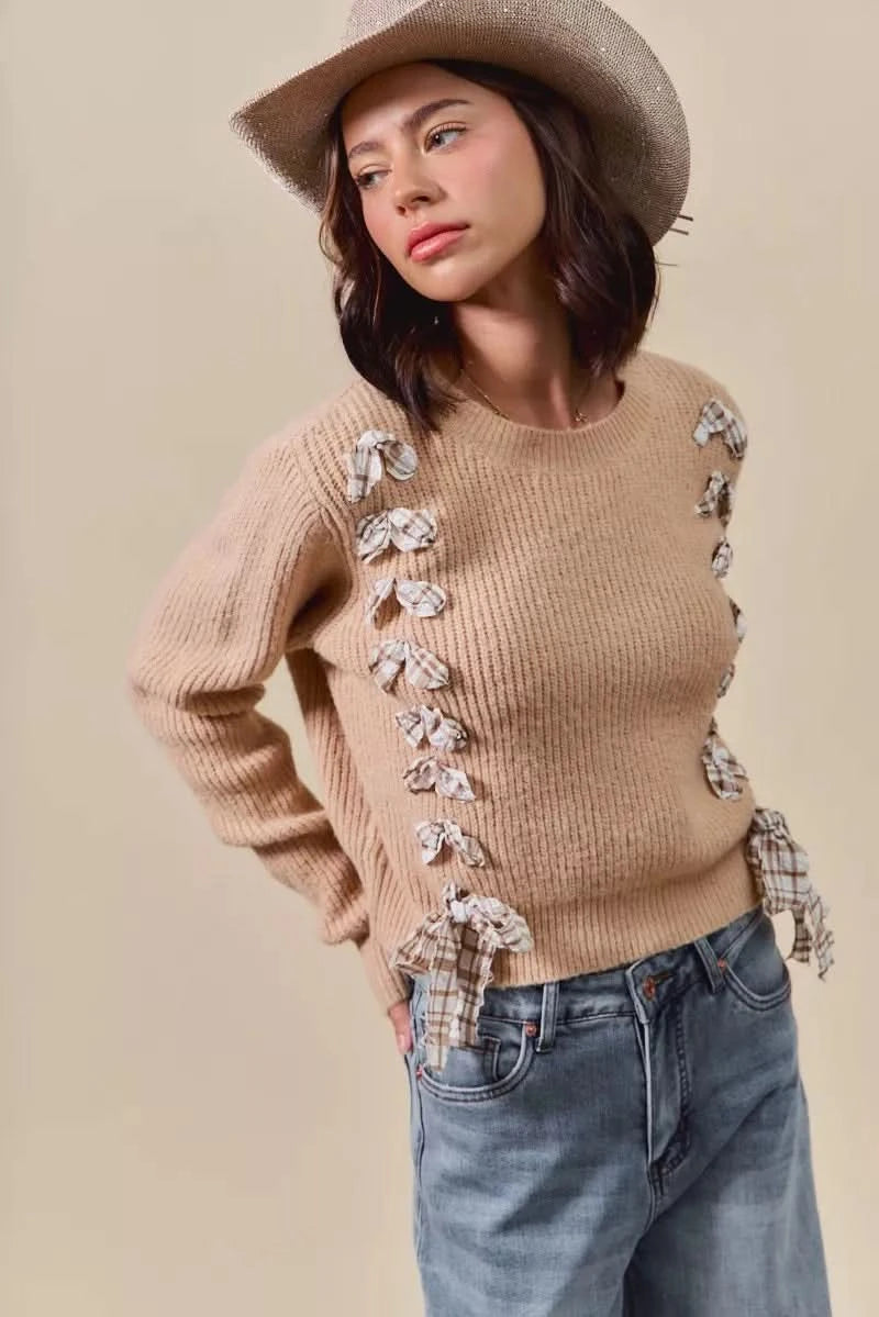 SO ME Checkered Plaid Tape Lace Up Ribbed Sweater in - photo