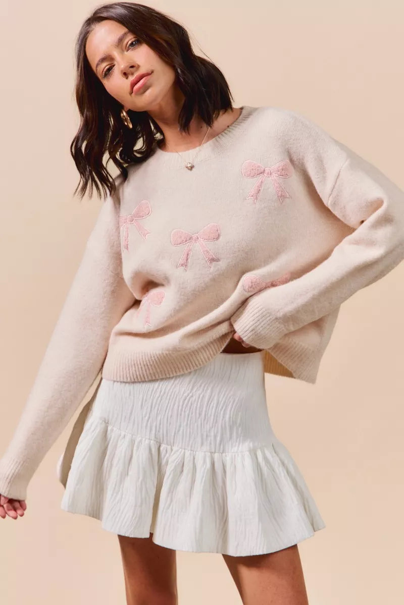 SO ME Embroidered Ribbon Round Neck Sweater - SwagglyLife Home & Fashion