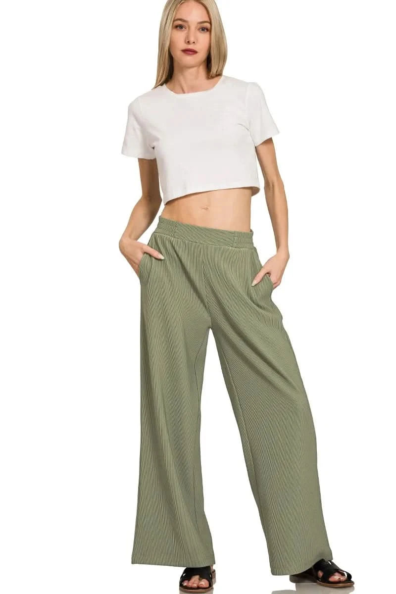 Zenana Ribbed High Neck Half Zip Pullover & Pants Set in - photo
