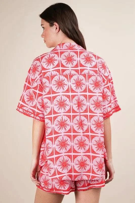 VERY J Full Size Tropical Printed Shirt Top and Shorts Set Plus Size in - photo