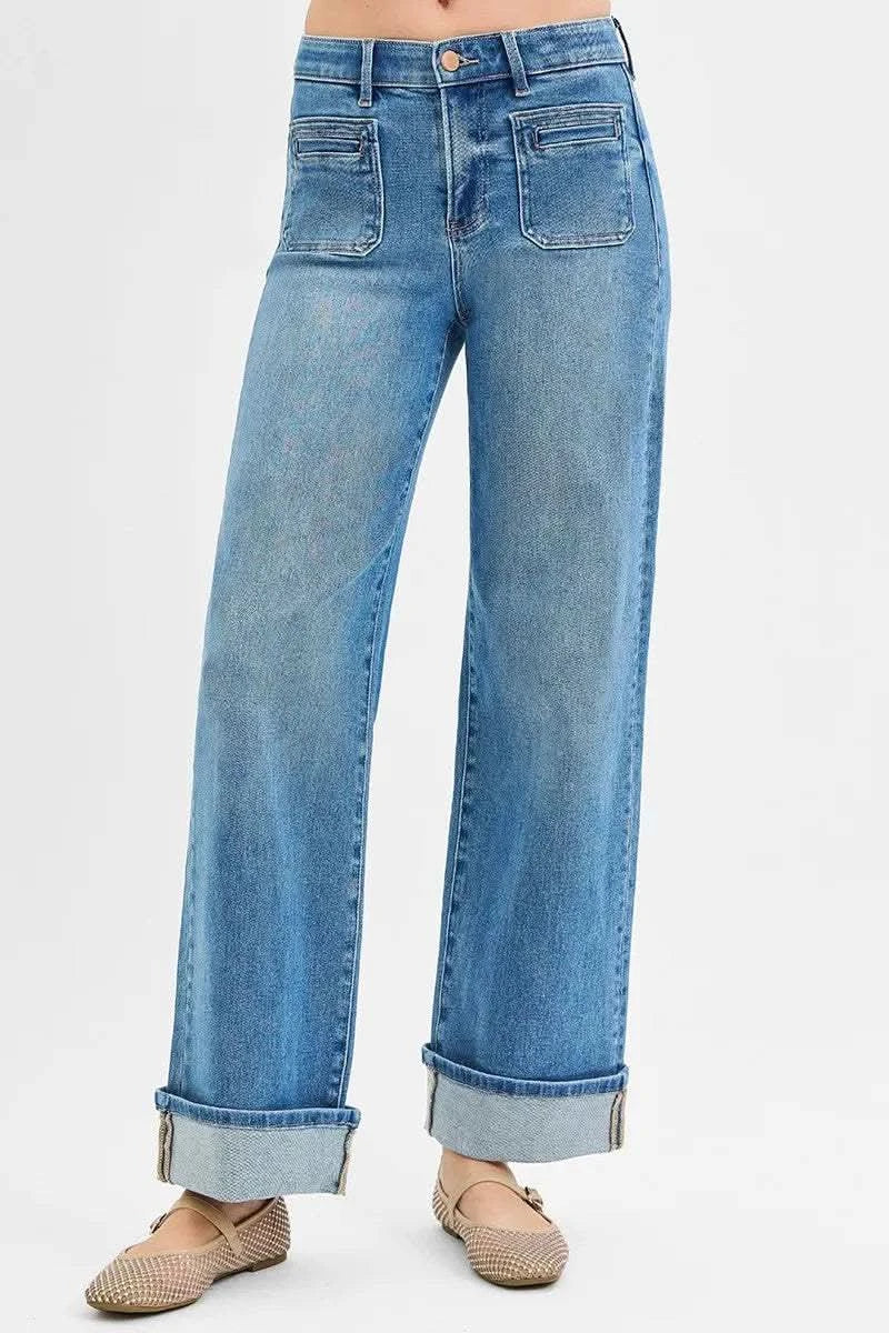 RISEN Full Size Elastic Band Mid Rise Wide Front Patch Pocket Cuff Jeans Plus Size in MEDIUM - photo