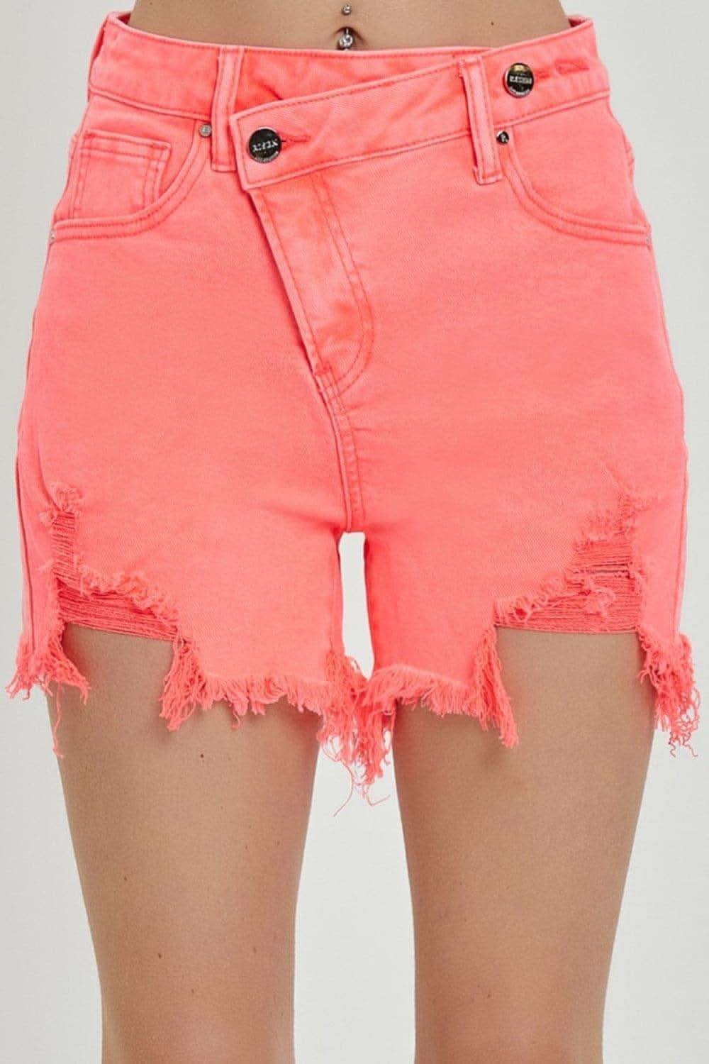 RISEN Raw Hem Asymmetrical Waist Denim Shorts in Coral Pink - photo