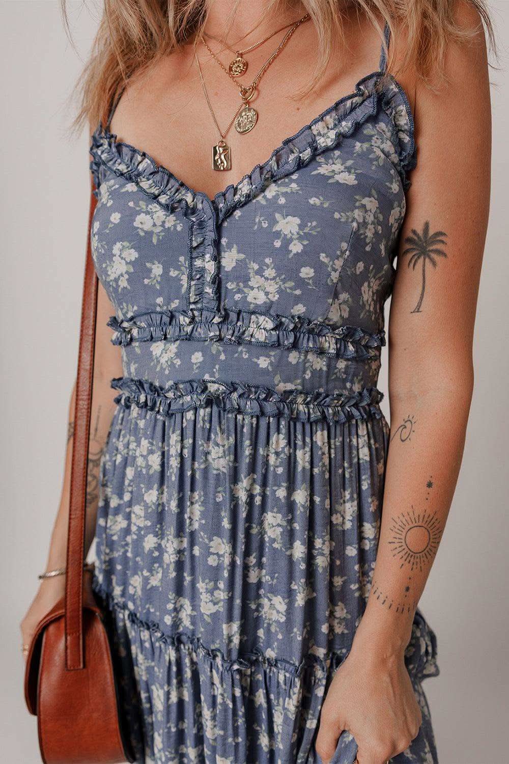 Floral Spaghetti Strap Frilled V Neck Tiered Midi Dress in - photo