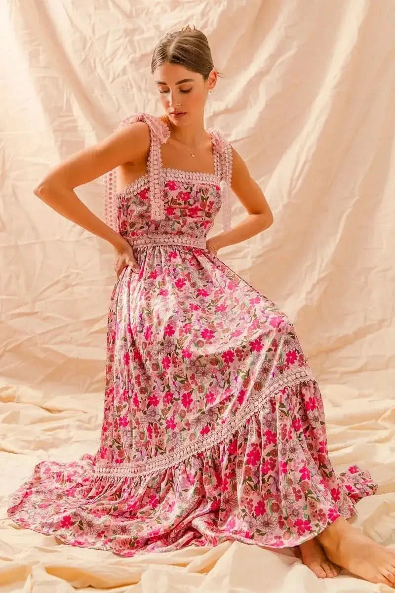 SO ME Floral Maxi Dress With Ribbon Tie Lace Strap in - photo