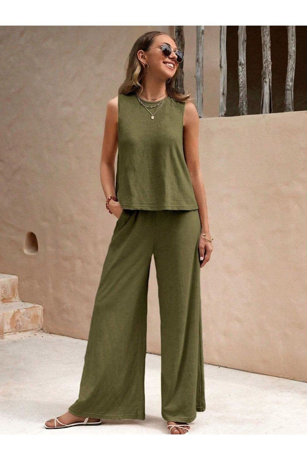 Round Neck Sleeveless Top and Wide Leg Pants Set - SwagglyLife Home & Fashion