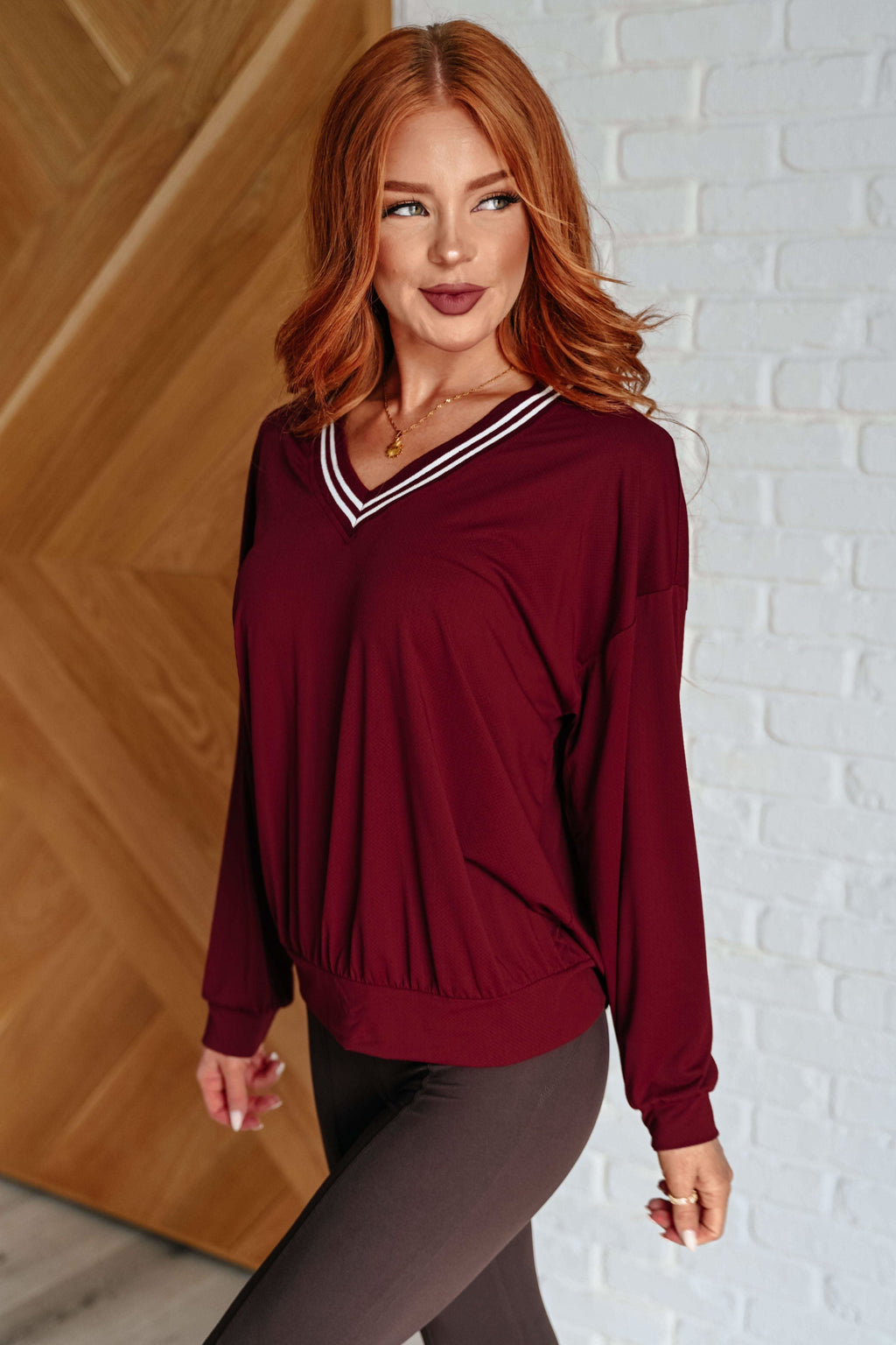 All Out Comfort V-Neck Pullover in Red Merlot - SwagglyLife Home & Fashion