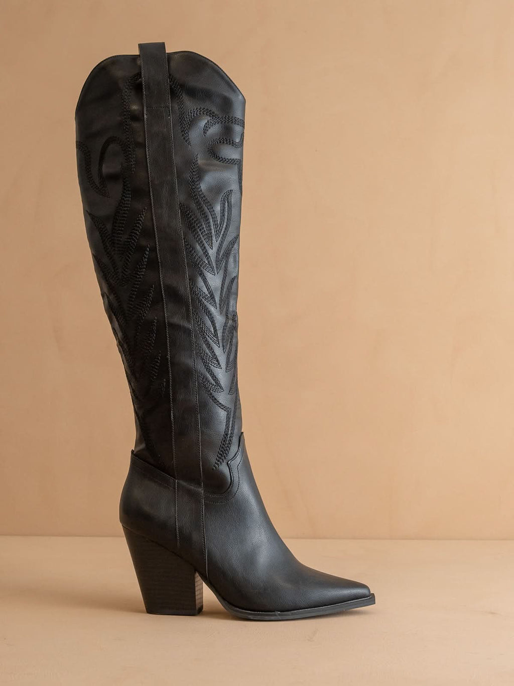 The Bronco | Black Knee High Embroidered Cowboy Boot in Black - BOOTS & BOOTIES photo