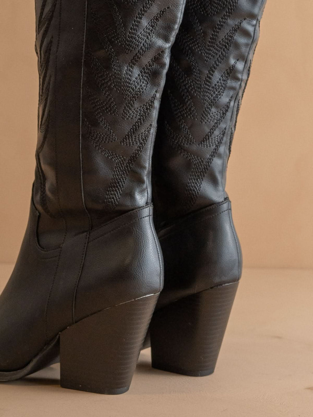 The Bronco | Black Knee High Embroidered Cowboy Boot in Black - BOOTS & BOOTIES photo