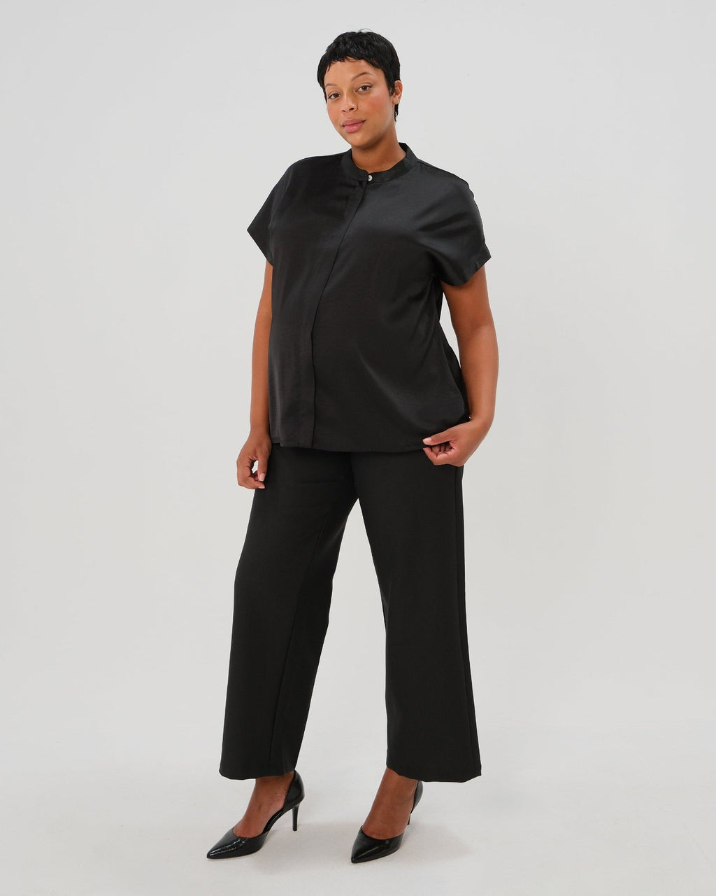 Short Sleeve Satin Maternity Shell Top with Concealed Nursing Zip in - Maternity Top photo
