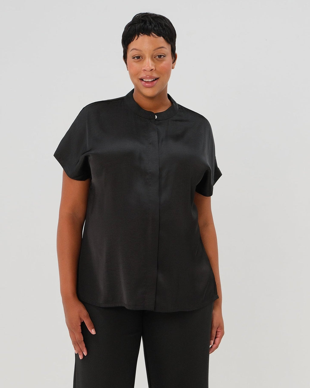 Short Sleeve Satin Maternity Shell Top with Concealed Nursing Zip in Black - Maternity Top photo