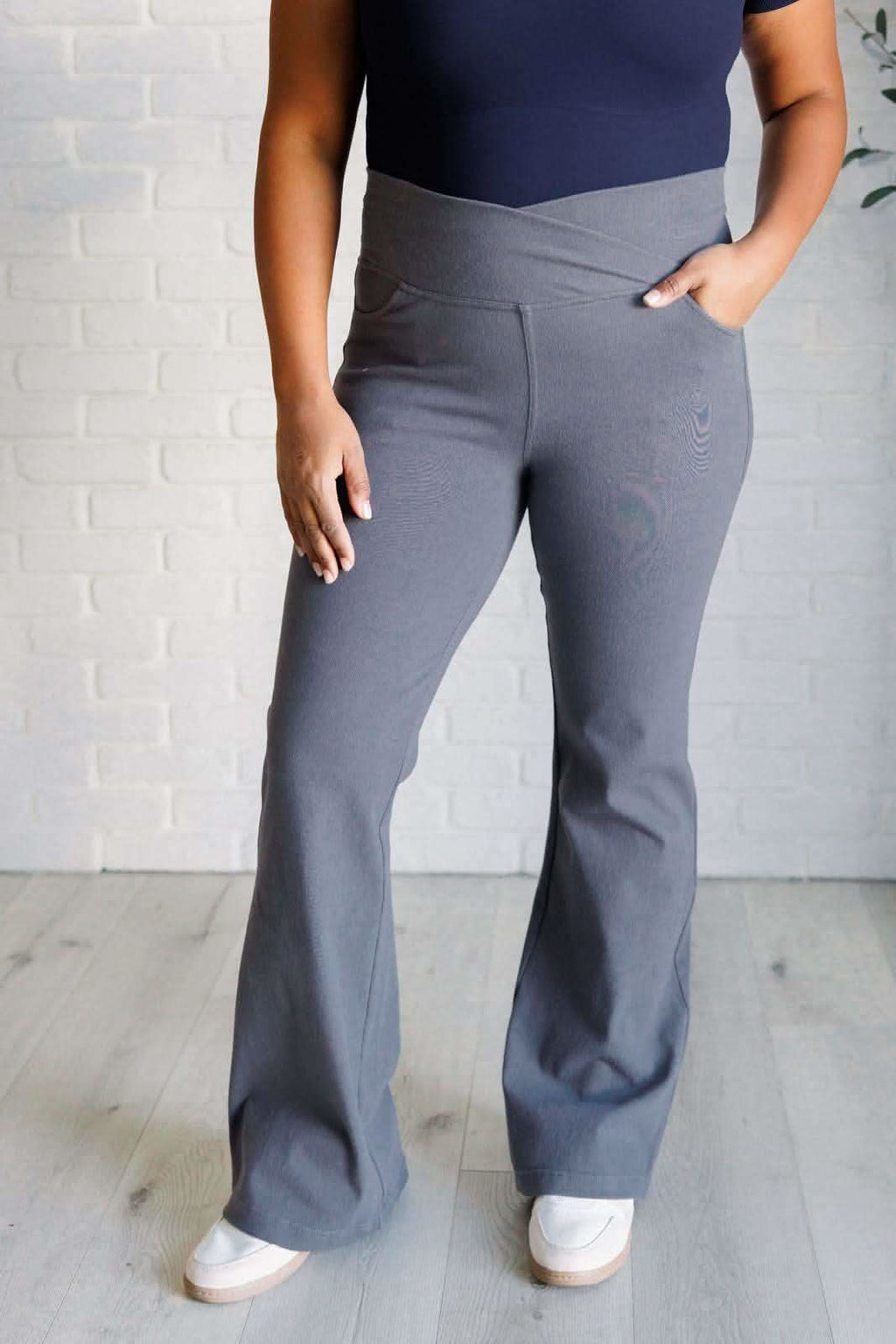 Building Habits Twill Flared Crossover Waist Pant in Titanium in - Bottoms photo