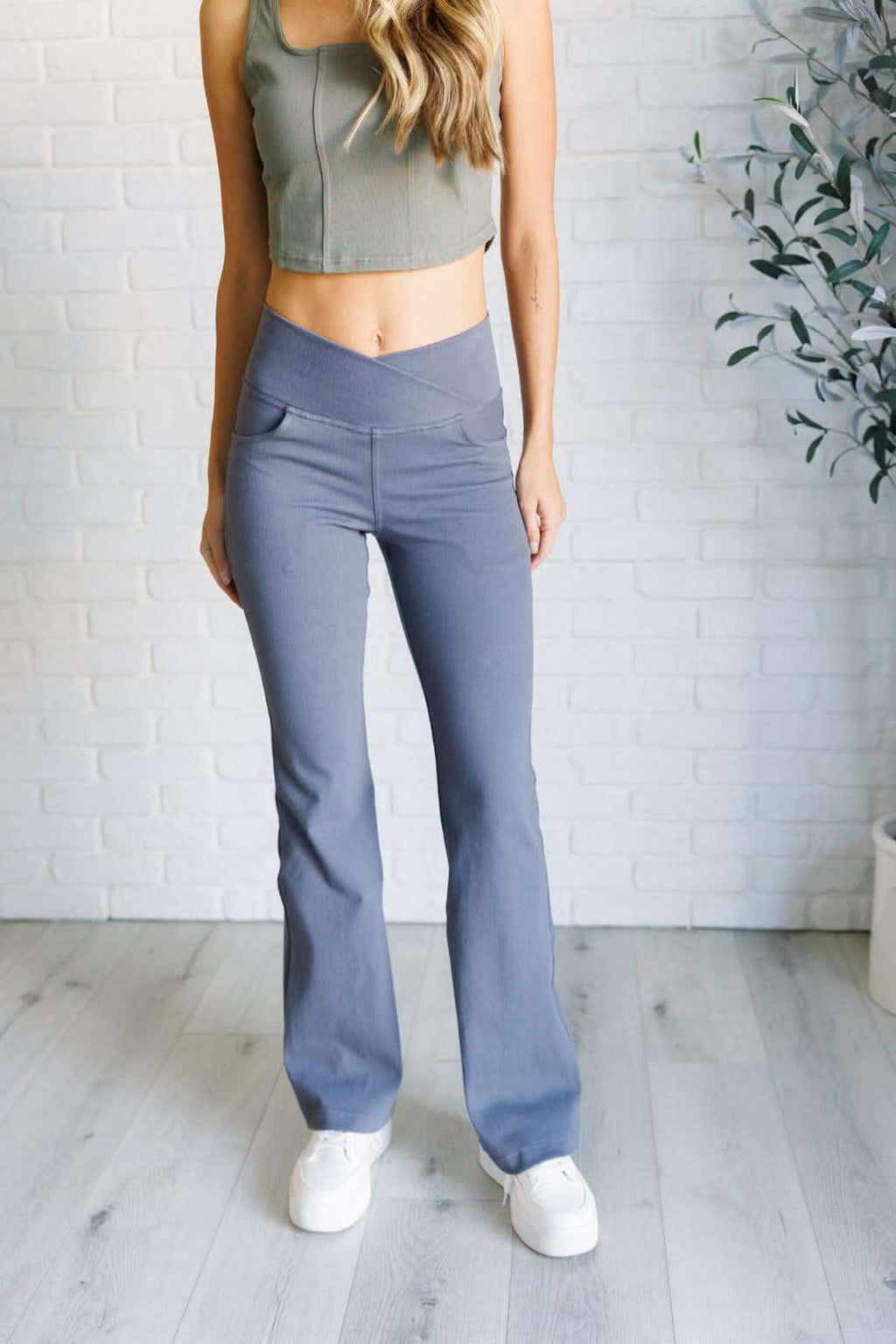 Building Habits Twill Flared Crossover Waist Pant in Titanium in - Bottoms photo