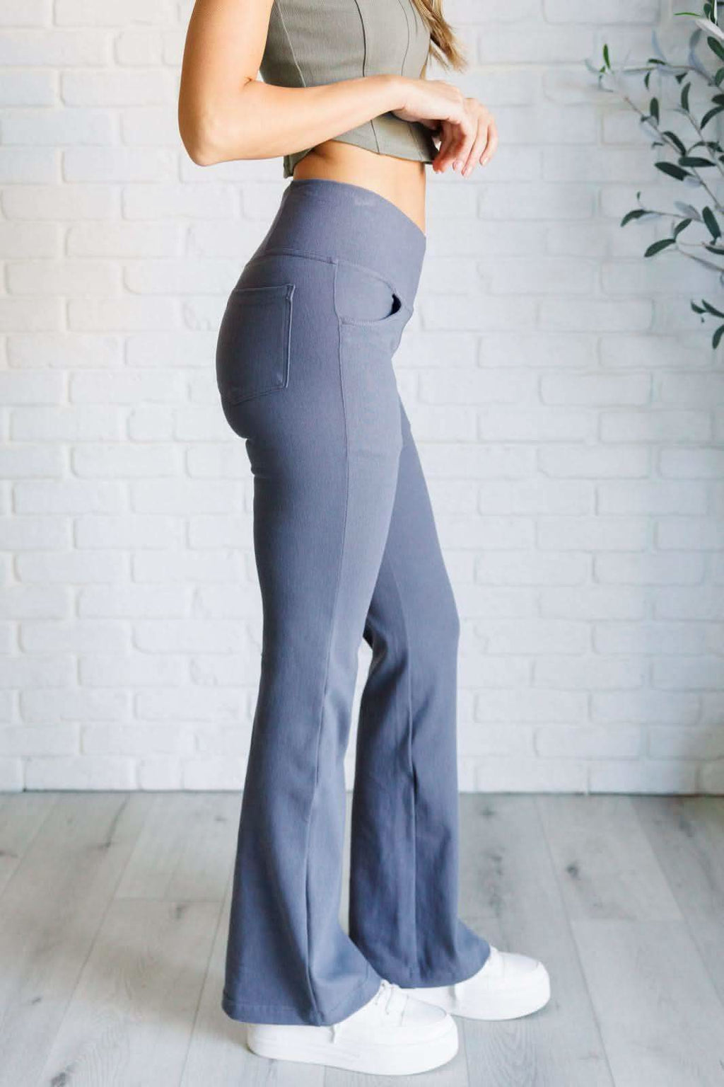 Building Habits Twill Flared Crossover Waist Pant in Titanium in - Bottoms photo