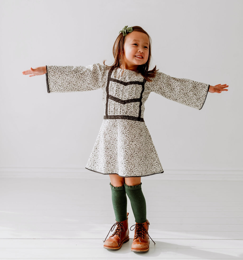 Lace Yoke Off-White & Grey Printed Dress in - Dress photo