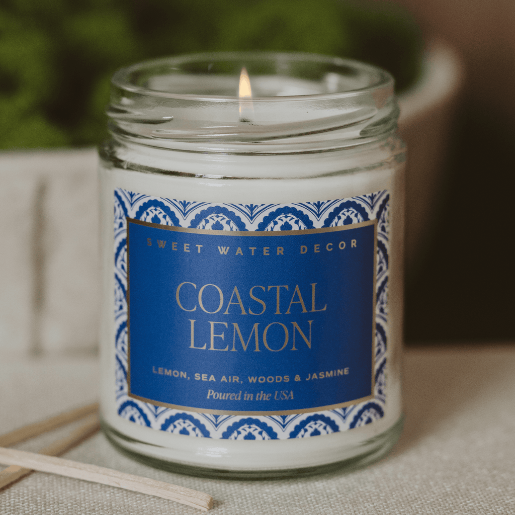 Coastal Lemon Soy Candle - Clear Patterned Jar - 9 oz | Sweet Water Decor in - Candles photo