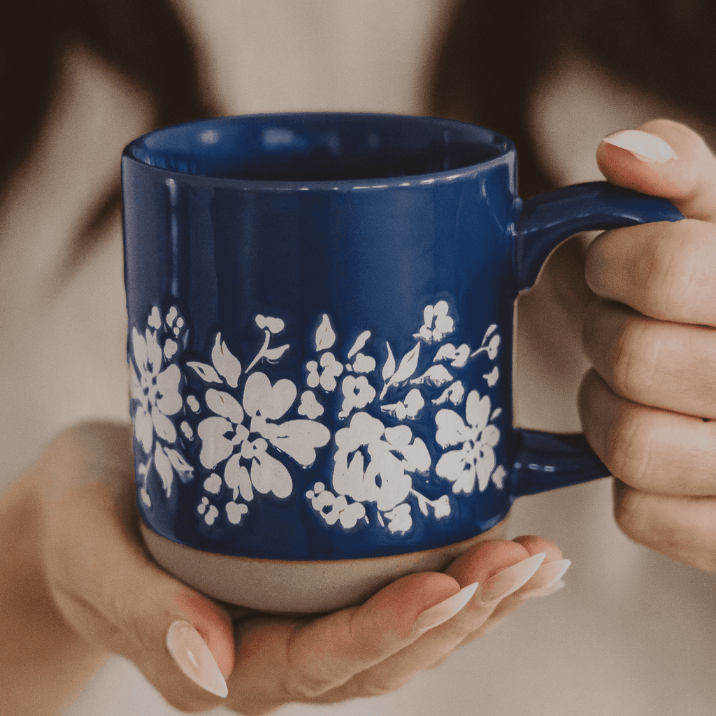 Blue Floral 14oz. Stoneware Coffee Mug in - Coffee Mugs photo