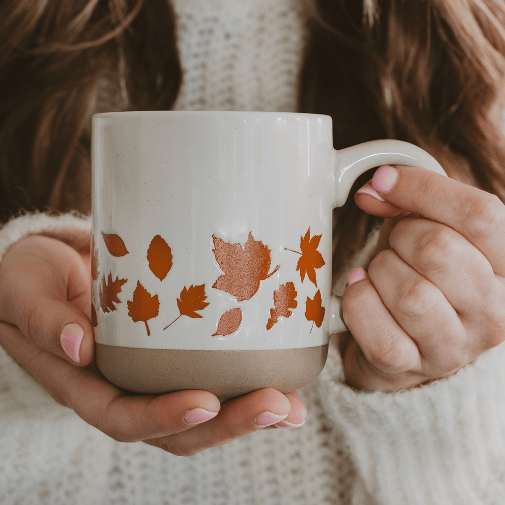 Orange Leaves 14oz. Cream Stoneware Coffee Mug - SwagglyLife Home & Fashion