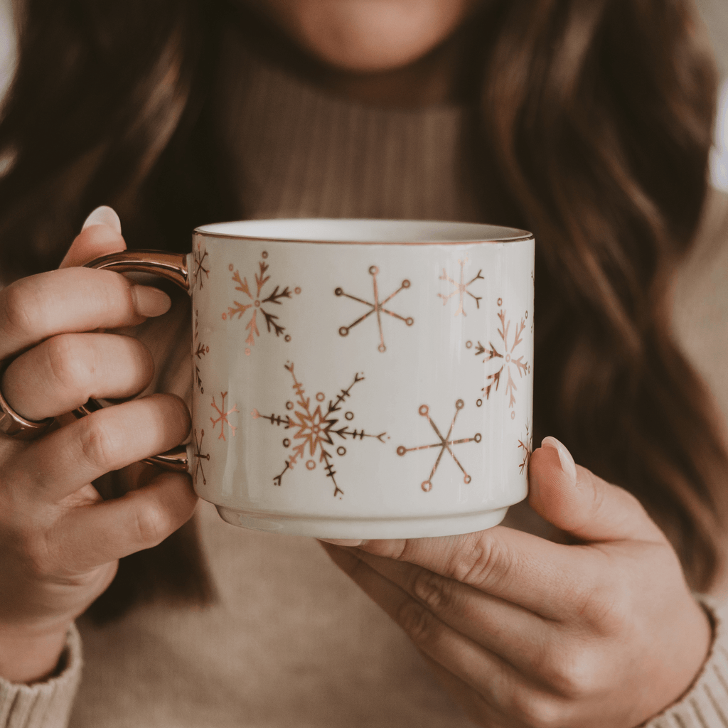 Gold Snowflakes 14oz. Gold Handle Coffee Mug in - Coffee Mugs photo