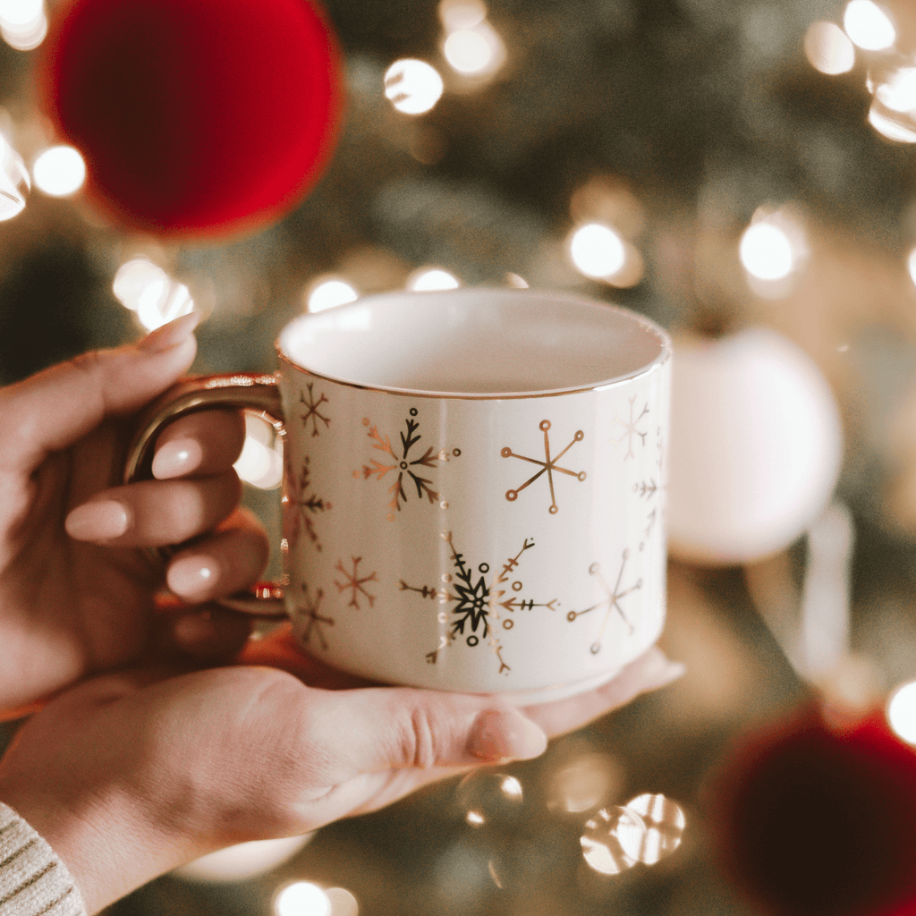 Gold Snowflakes 14oz. Gold Handle Coffee Mug in - Coffee Mugs photo