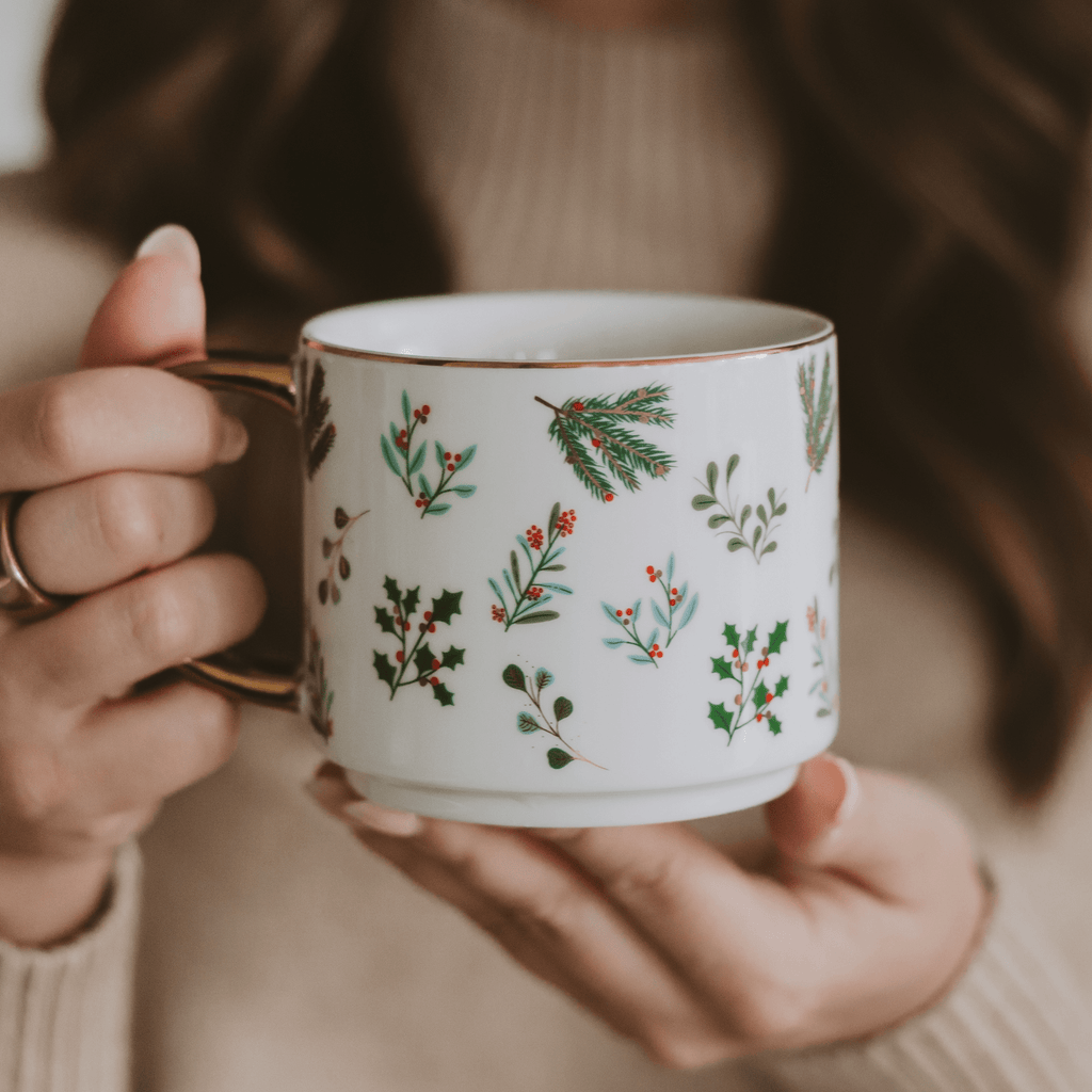 Holiday Greenery 14oz. Gold Handle Coffee Mug in - Coffee Mugs photo