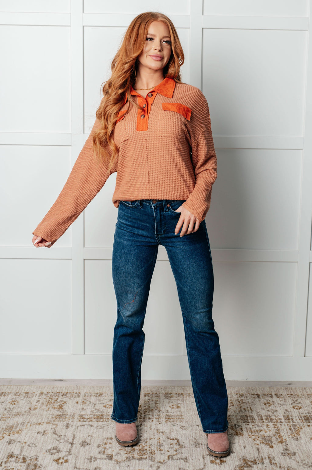Can't Imagine Why Waffle Knit Contrast Trim Top in - Tops photo