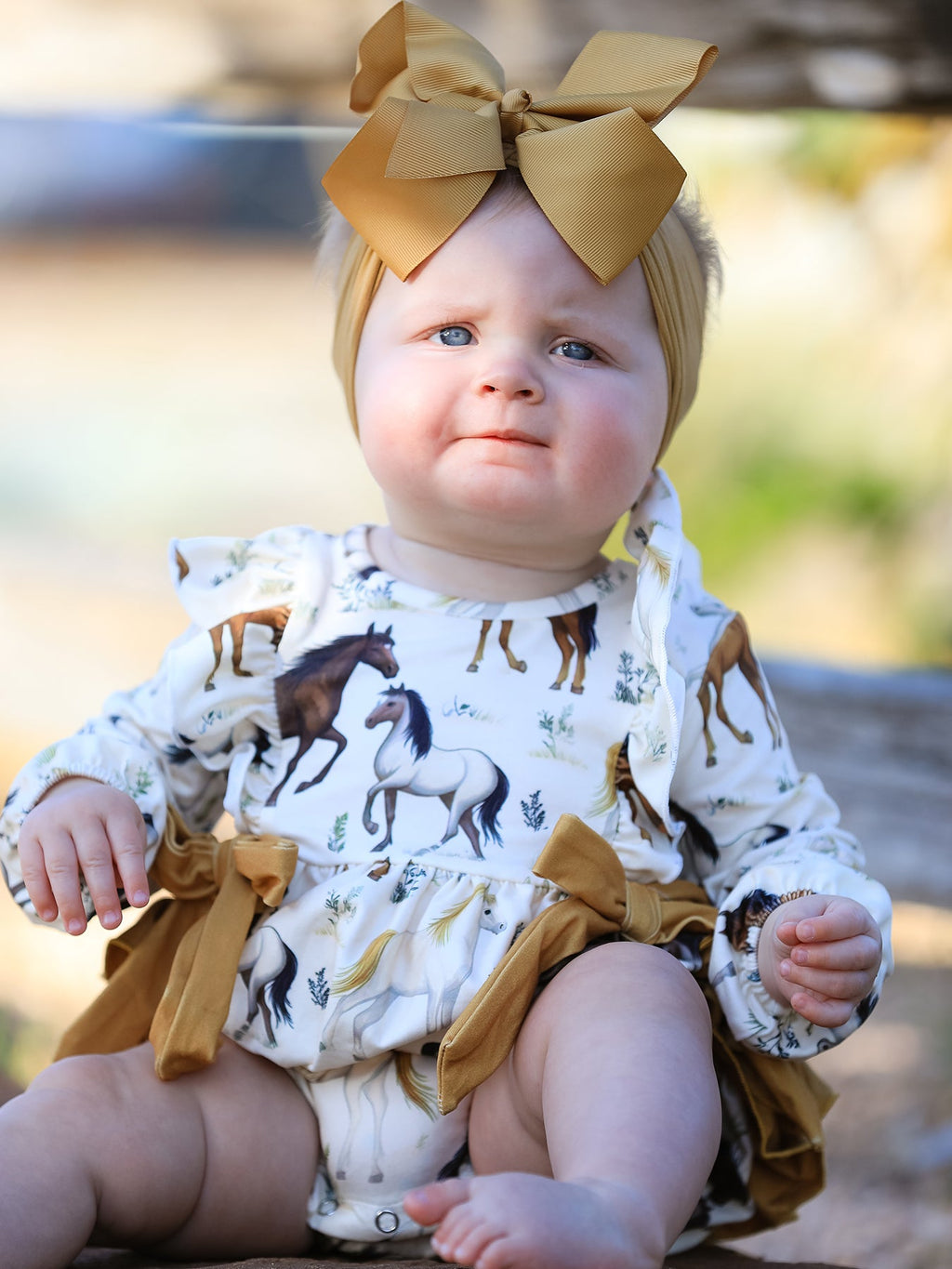 Western Horse Girls Romper Bow Ruffle Long Sleeve -
