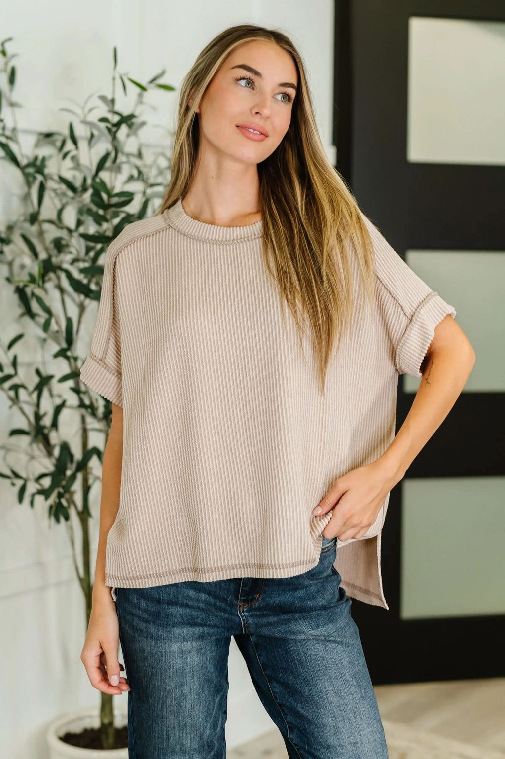 Catch Me Loungin’ Cable Ribbed Knit Top in Ash Mocha in - Womens photo