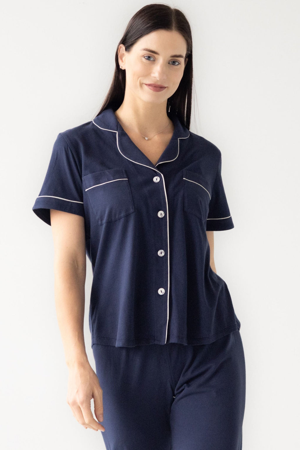 Classic Luxury Capri Pajamas in Brushed Pima Cotton in Navy White - PAJAMAS photo
